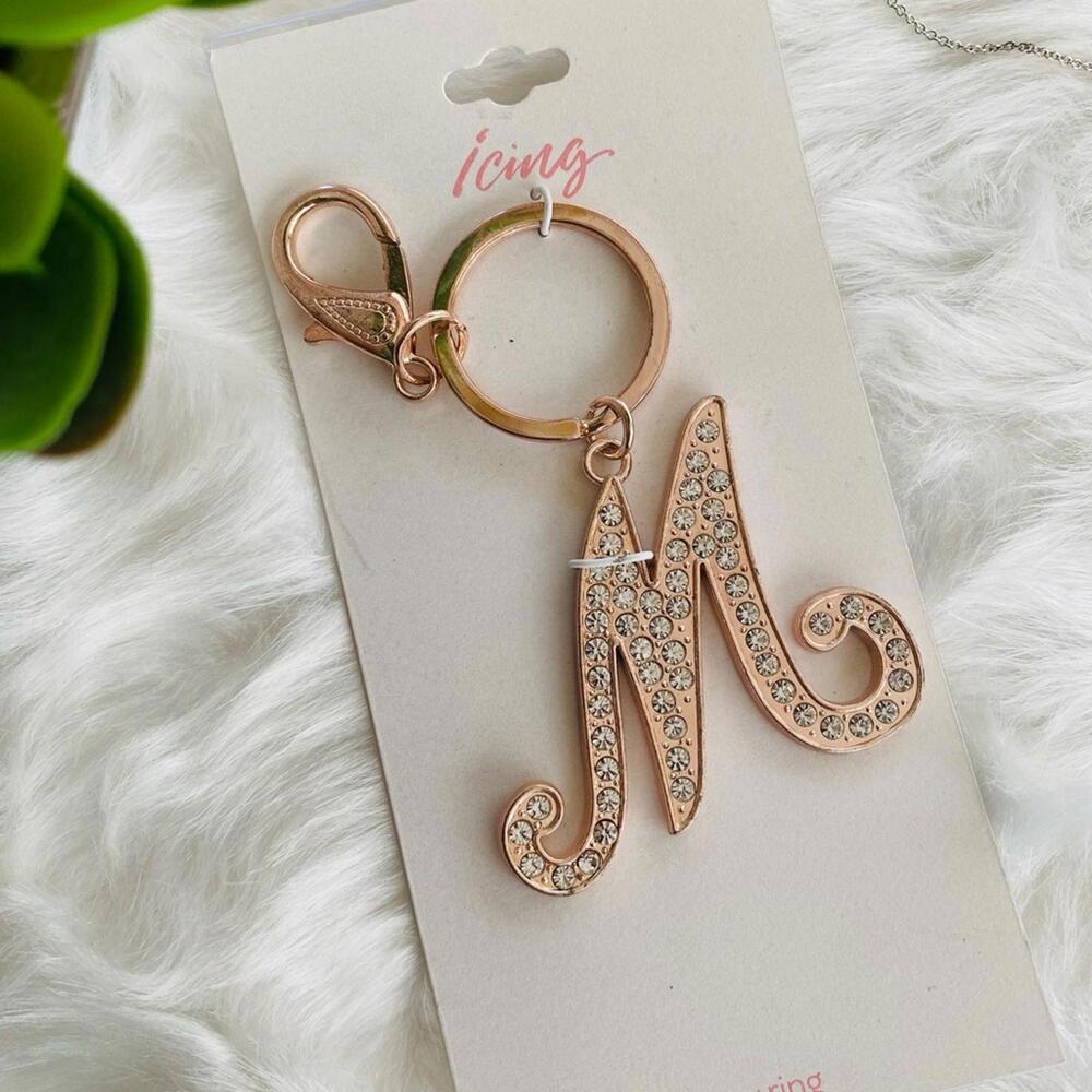 Rose Gold Rhinestone Letter M Keychain - Picture 2 of 3